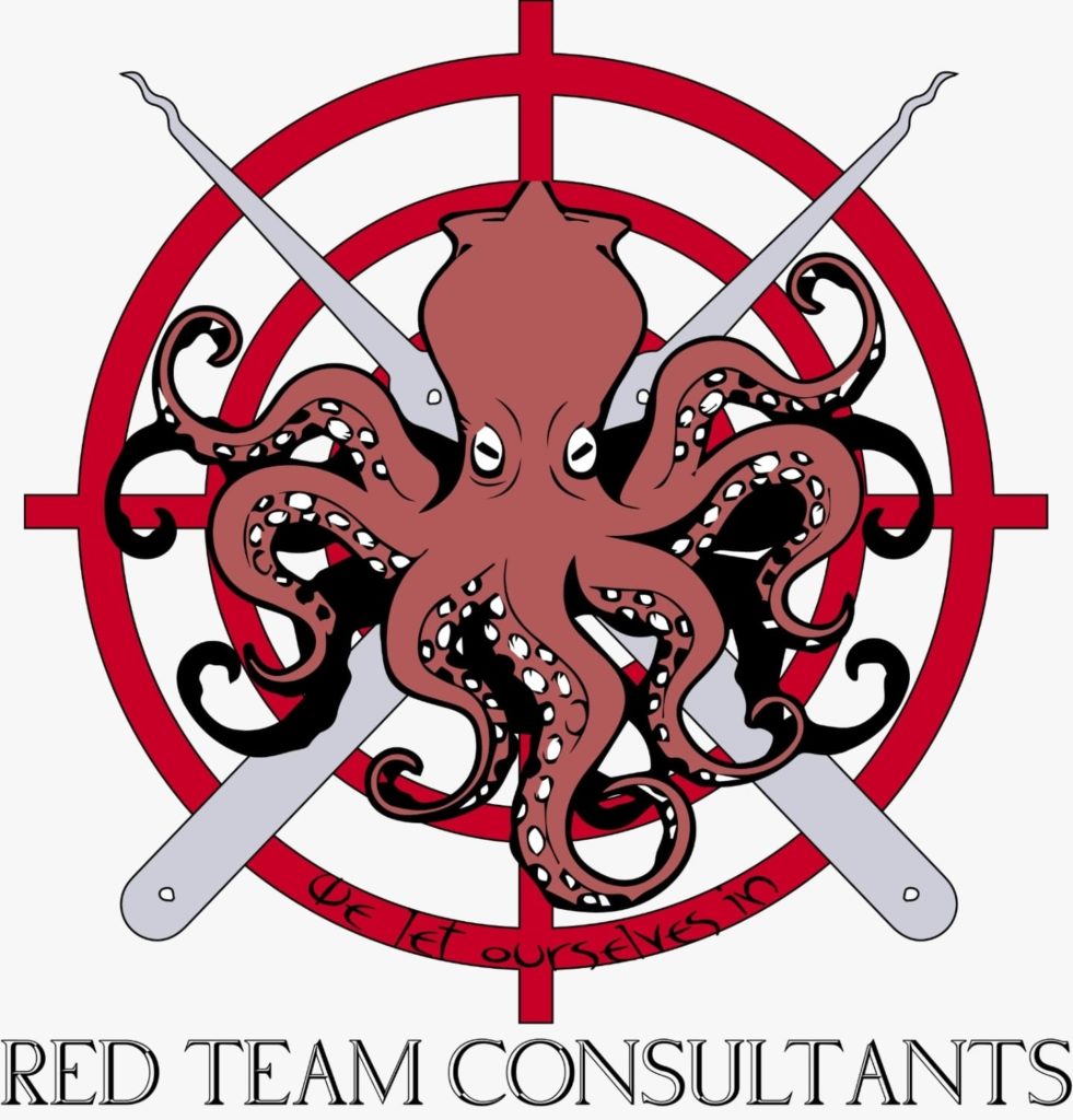 Logo, Red Team Consultants, The logo is made up of several images stacked on top of each other, starting with a large red gun target, then two lock picks on top and finally a very cool looking lighter red octopus with white eyes and black irises and the words below , We Let Ourselves In, dated March, 2022